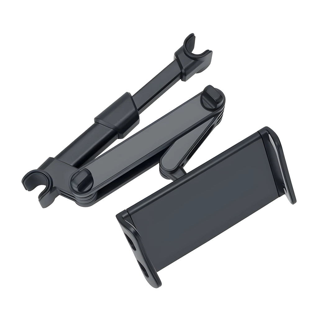 Black universal car phone holder mounted on car rear seat base with tablet in cradle