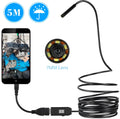OWSOO USB endoscope with 5m cable, 7mm camera, LED lights, hook, and magnet for phone inspections.