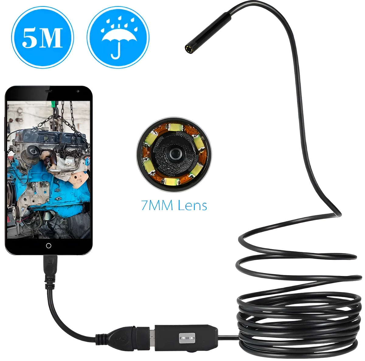 OWSOO USB endoscope with 5m cable, 7mm camera, LED lights, hook, and magnet for phone inspections.