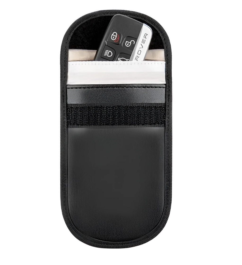 Black microfiber Faraday cage bag for car key signal blocking measuring 13.5 by 9.5 centimetres