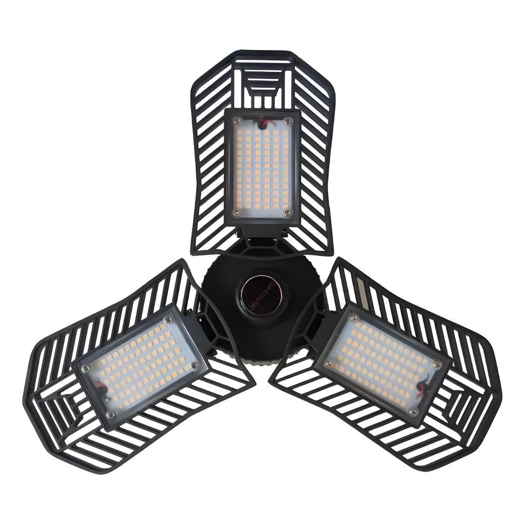 Waterproof industrial foldable garage LED lamp with die-cast aluminium housing in open position