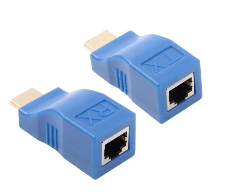 HDMI extender transmitter and receiver pair for long distance 1080p signal transmission over Cat-6 cable.