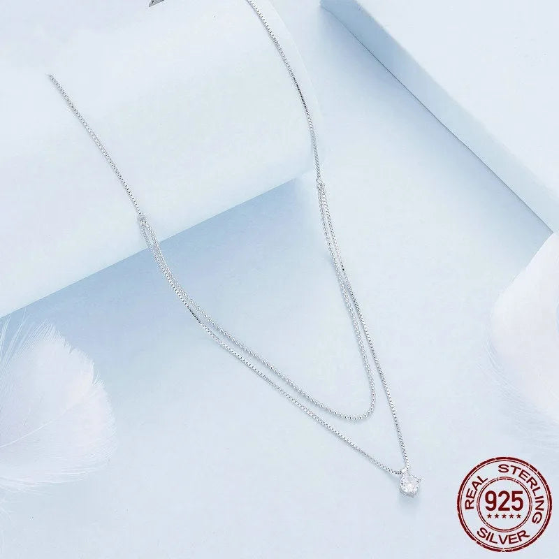 Women's S925 sterling silver double layer pearl chain necklace with shining pendant in silver colour