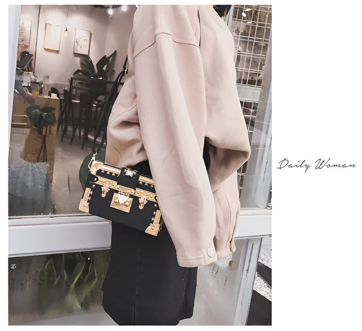 Hard structured PU shoulder bag with flap design and metal hasp closure