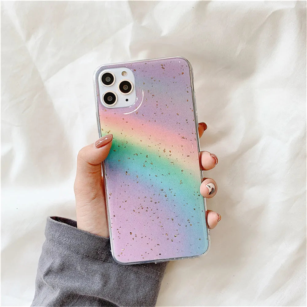 Rainbow gradient striped TPU phone case for iPhone models with Japanese-inspired design