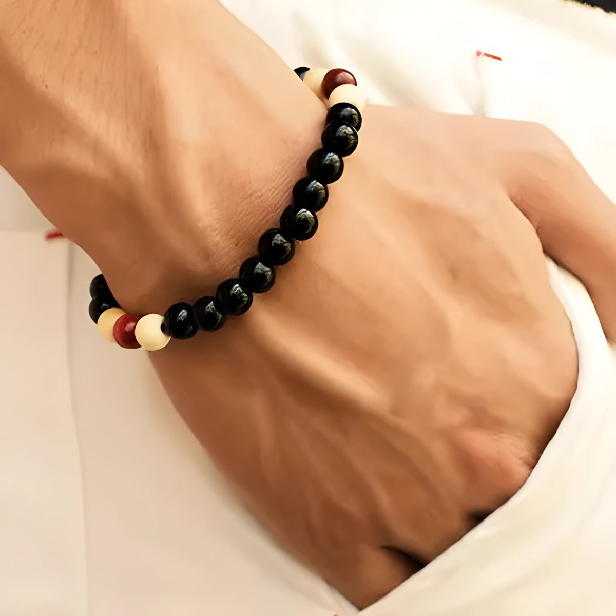 Ethnic style natural lava stone beaded bracelet for men and women, 18cm length.