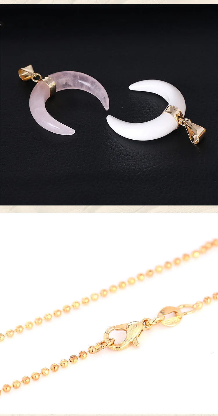 Natural crystal semi-precious stone moon pendant necklace on copper chain with pink or purple stone option