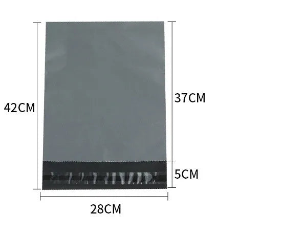 Clear plastic courier bag for clothing with self-adhesive sticker seal, shown in multiple sizes.