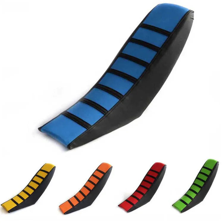 Universal anti-slip motorcycle seat cushion in PUC artificial leather, shown in yellow, orange, green, red and blue