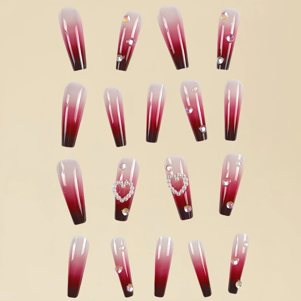 Pearl heart wine red gradient fake nail tips with plaid pattern and jelly glue