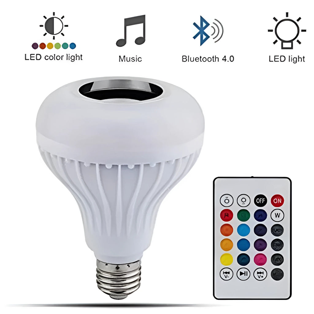White Bluetooth speaker LED light bulb with E27 base and remote control for colour changing