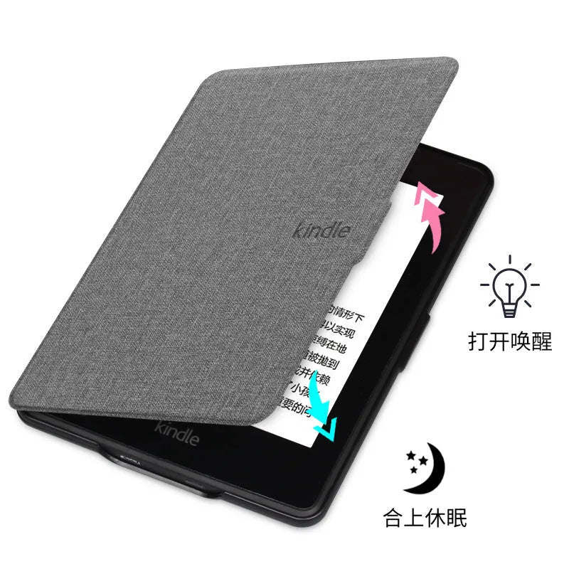 Linen-textured leather look protective case for Kindle e-reader with magnetic closure in multiple colour options