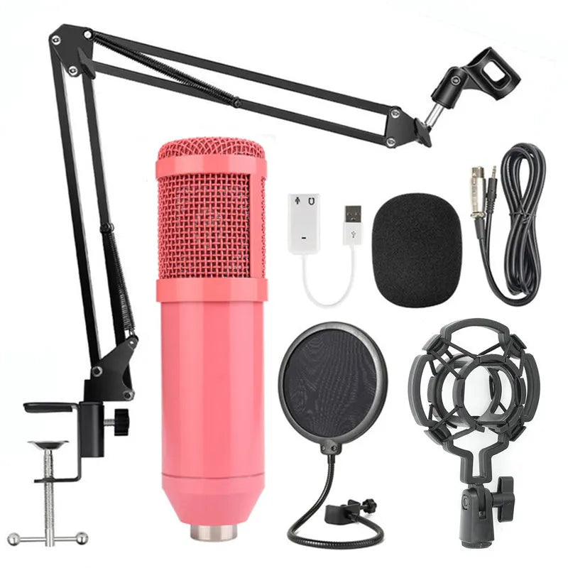 BM-800 condenser microphone stand set with electroplated mesh head in various colours.