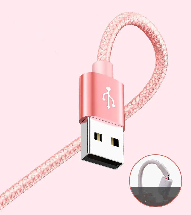 Three-in-one mobile phone charging cable in six colour options showing 1.2 metre length and micro USB connector