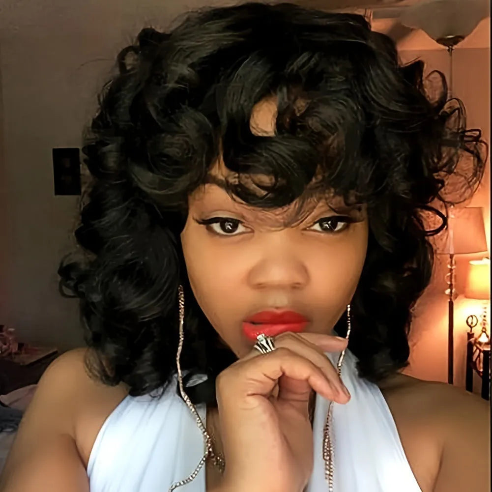 Black synthetic Afro wig with long curly heat-resistant fibres