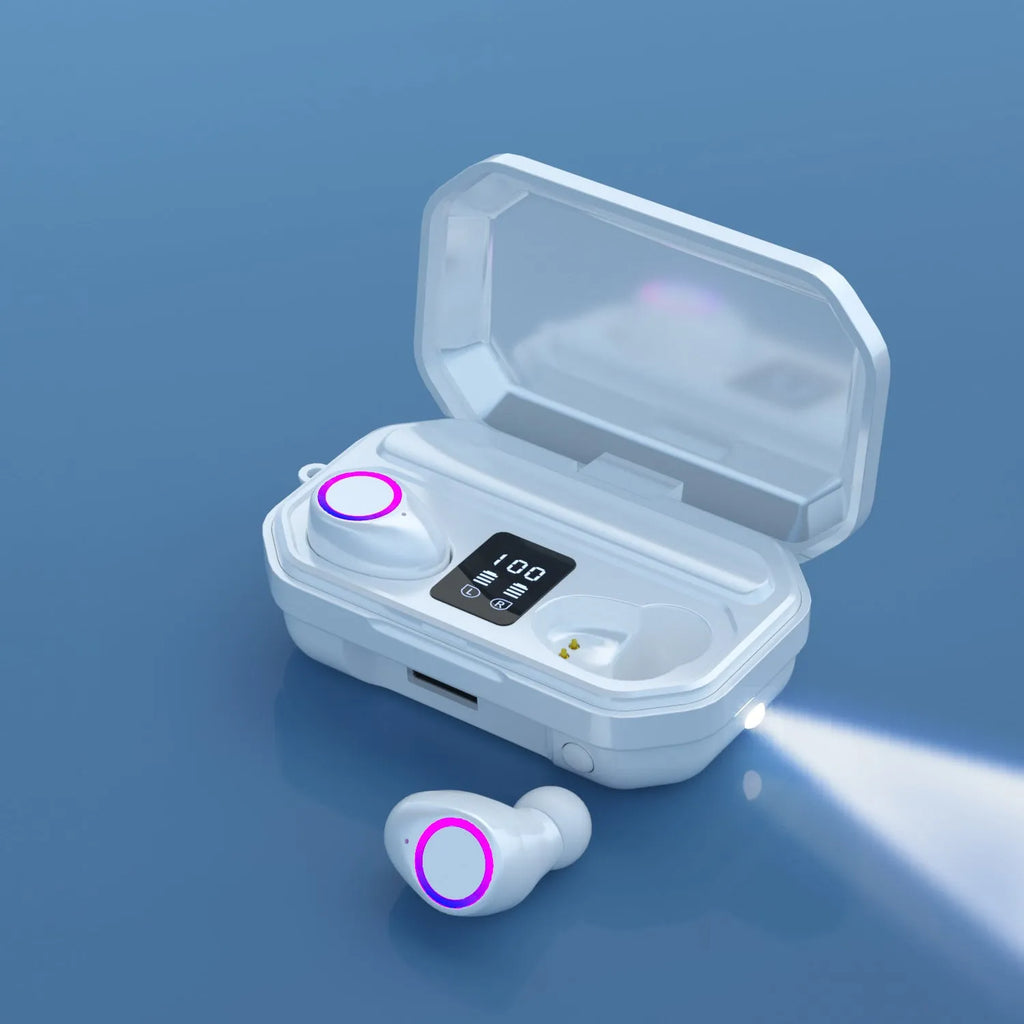 Black wireless Bluetooth earbuds with LED power display on charging case.