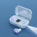 Black wireless Bluetooth earbuds with LED power display on charging case.