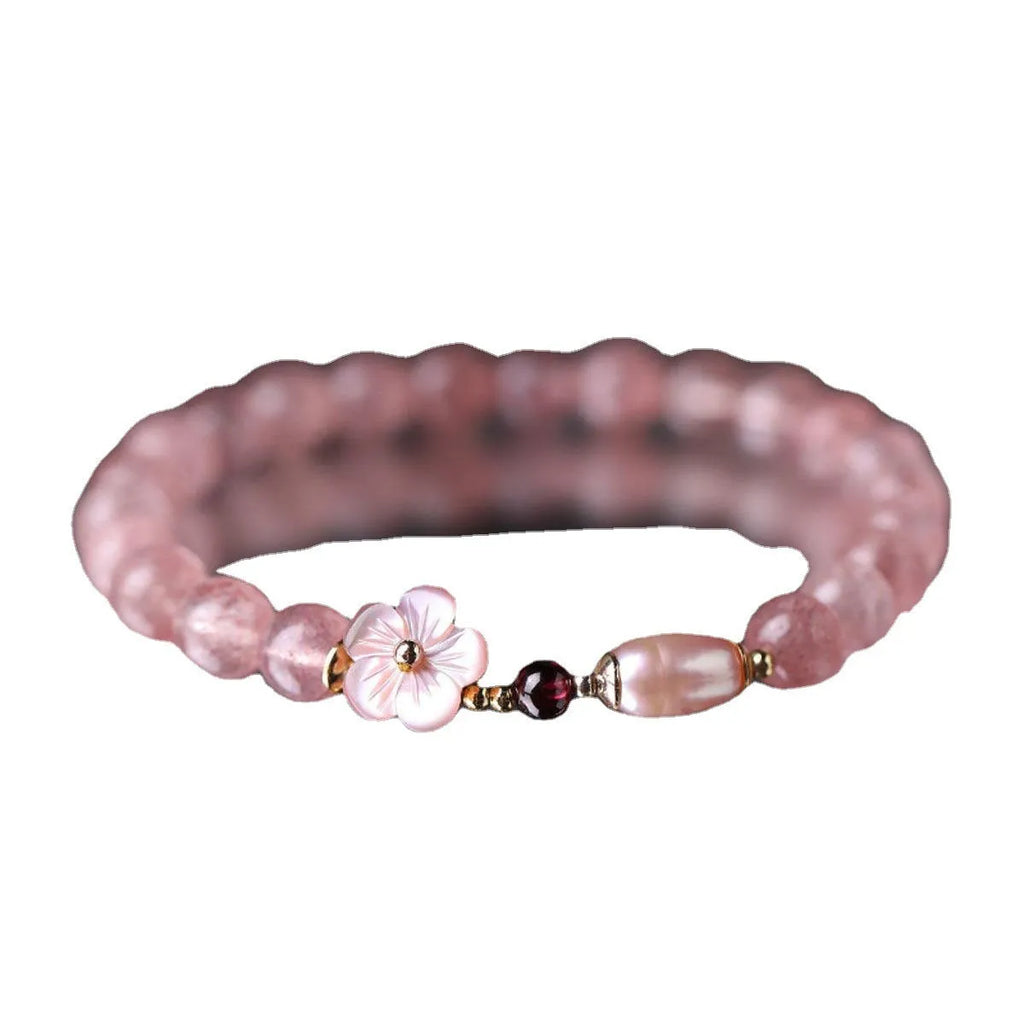 Strawberry quartz peach blossom crystal bracelet with flower-shaped beads
