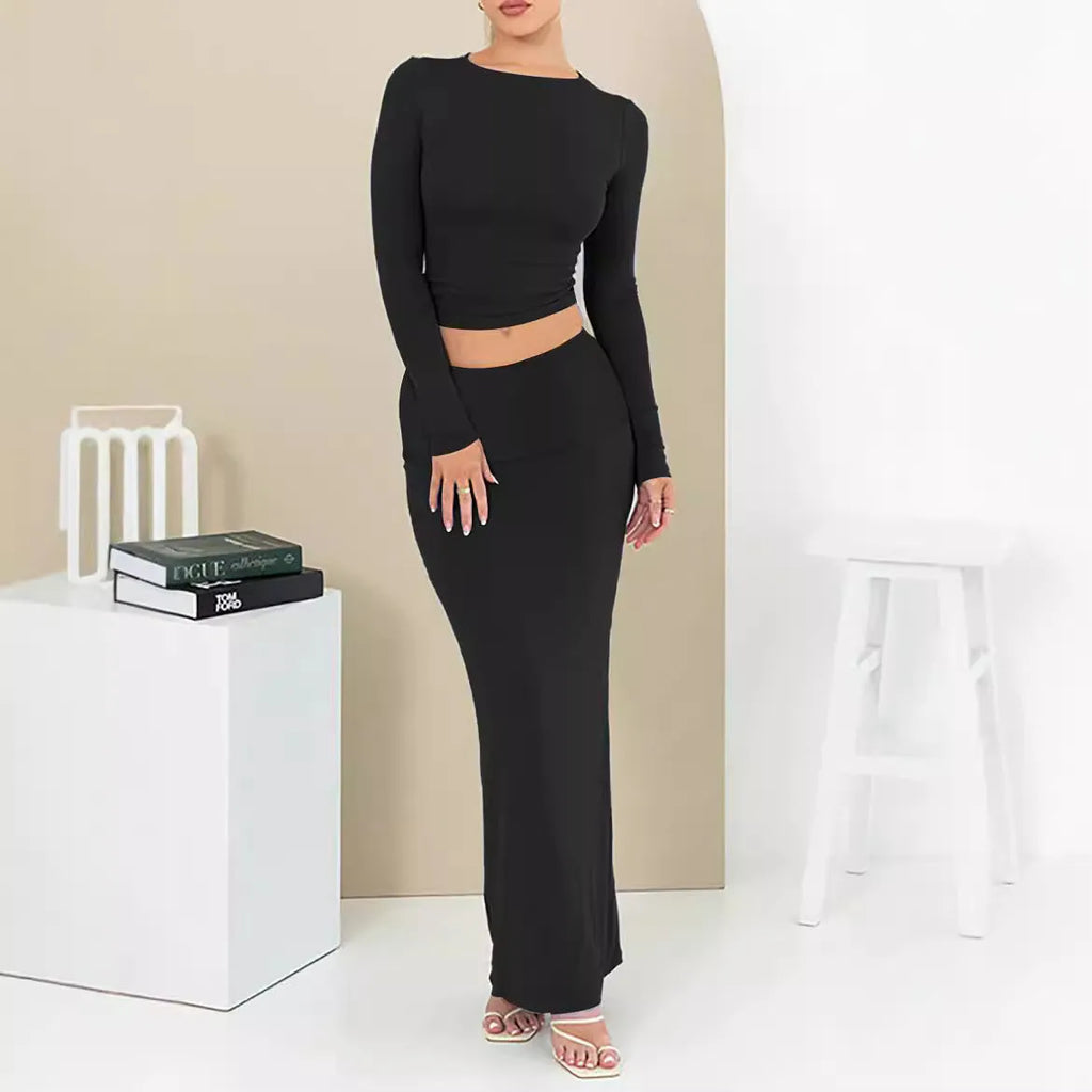 Women's autumn two-piece suit in polyester with slim fit and long skirt