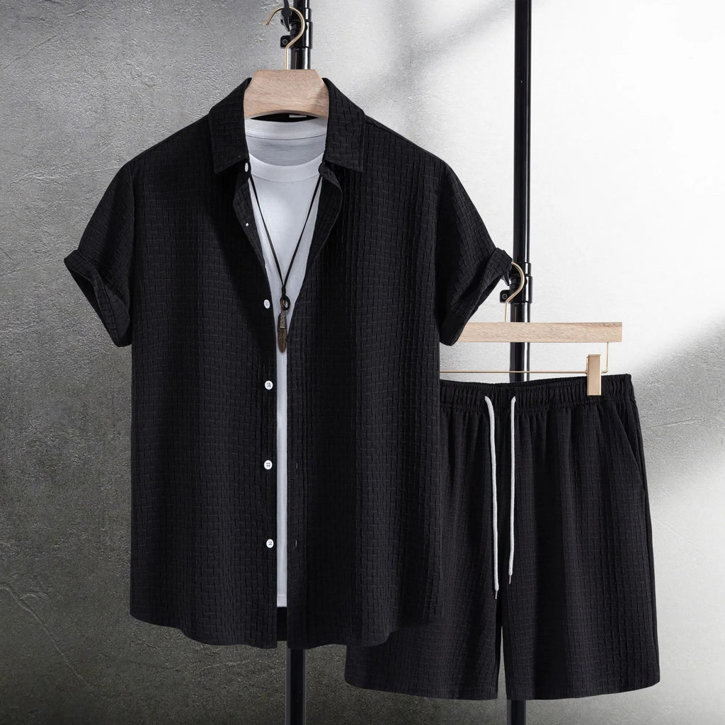 Men's cotton blend beach shirt and shorts set in black or white with short sleeves