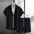 Men's cotton blend beach shirt and shorts set in black or white with short sleeves