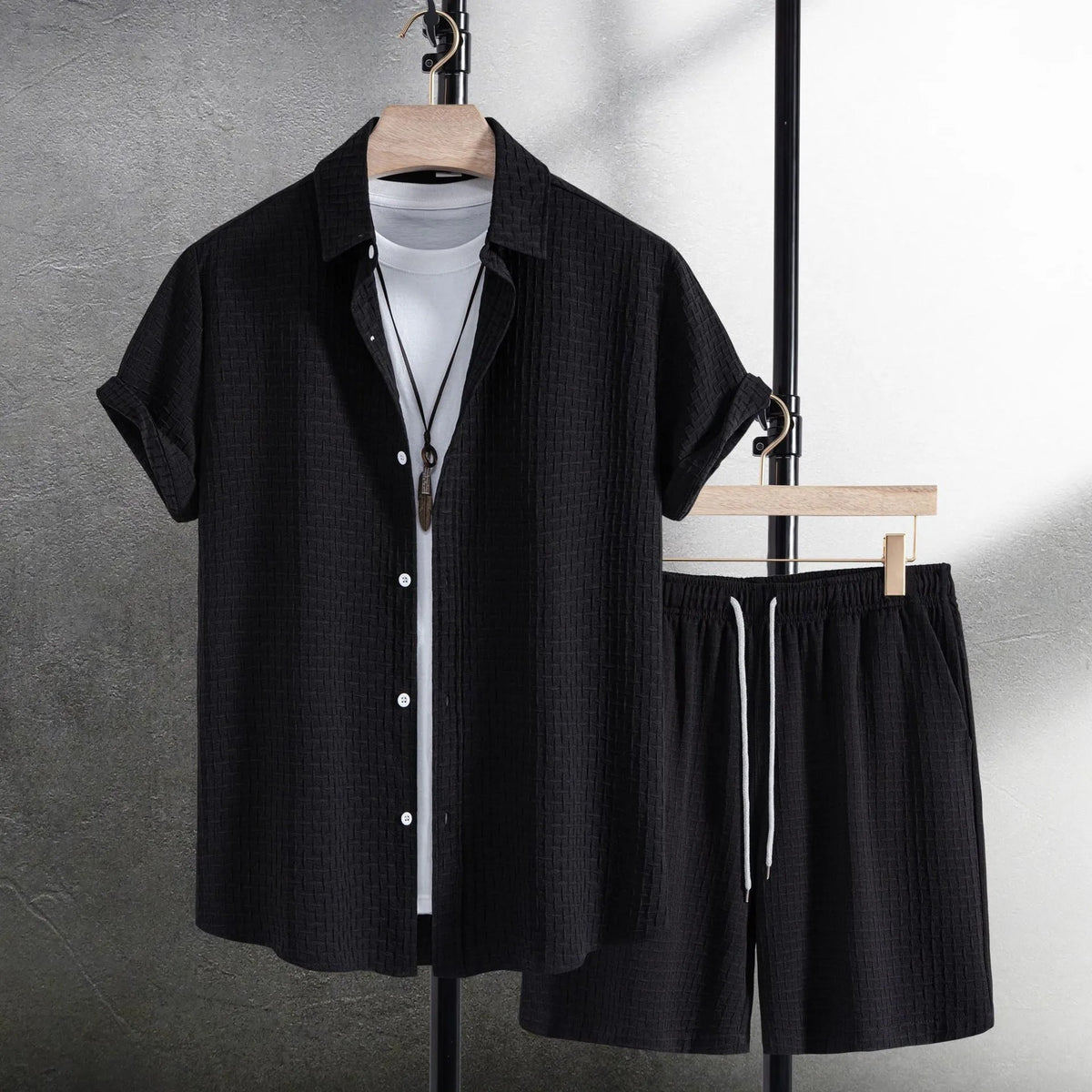 Men's cotton blend beach shirt and shorts set in black or white with short sleeves