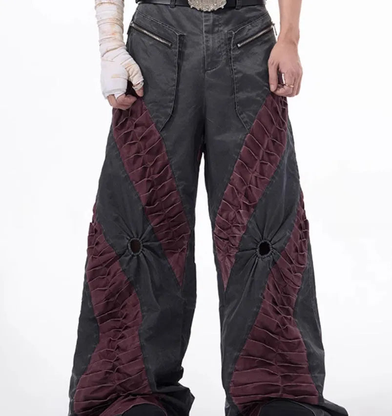 Retro grey three-dimensional keel casual sports pants on a model, showing straight hem and tight fit.