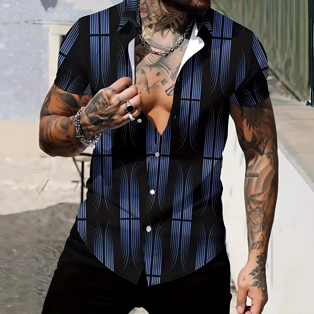 Men's geometric line print short sleeve shirt in slim fit polyester for summer casual wear