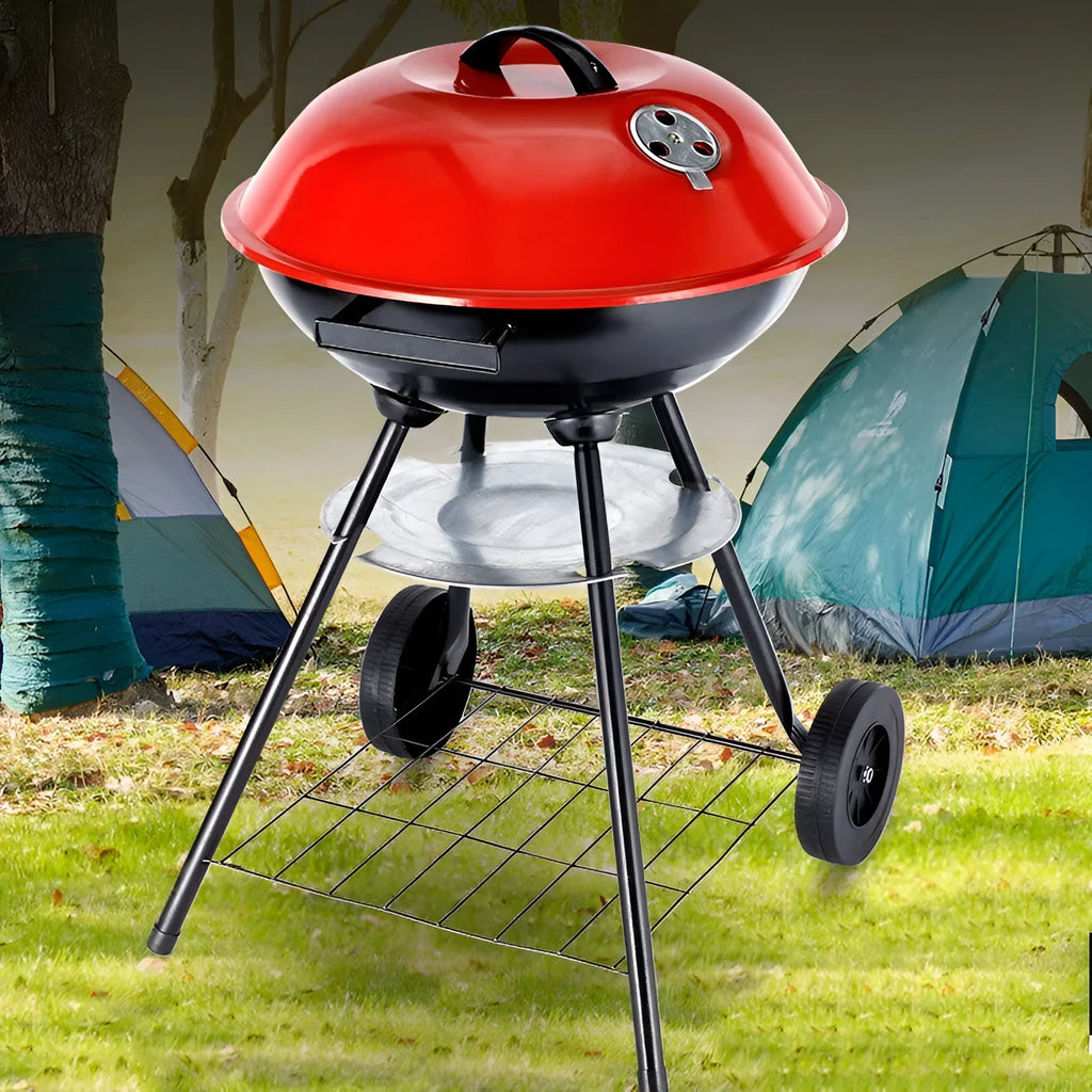 Portable iron barbecue grill with a 14-inch apple stove design for outdoor cooking.