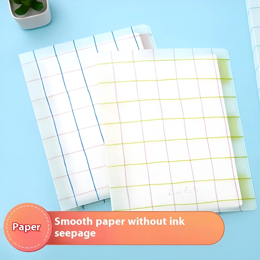 Refillable A5 and B5 spiral notebook with PP cover in pastel cookie blue and plaid impression patterns next to paper refills.