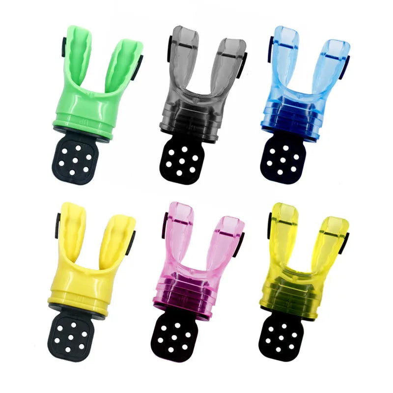 110mm long edible silicone diving mouthpiece in various colours including black, blue, green, pink, white, and yellow