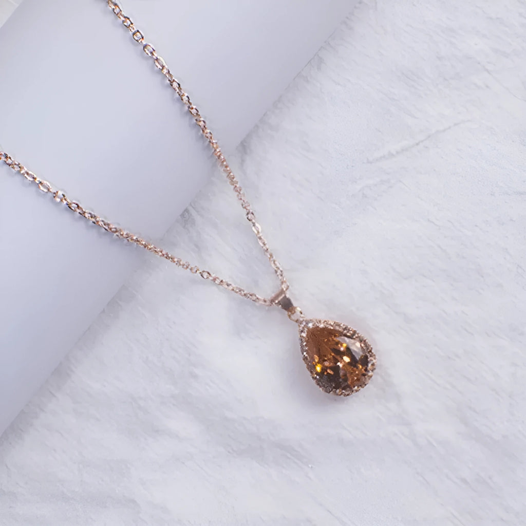 Rose gold pink women's geometric rhinestone necklace with drop shape pendant