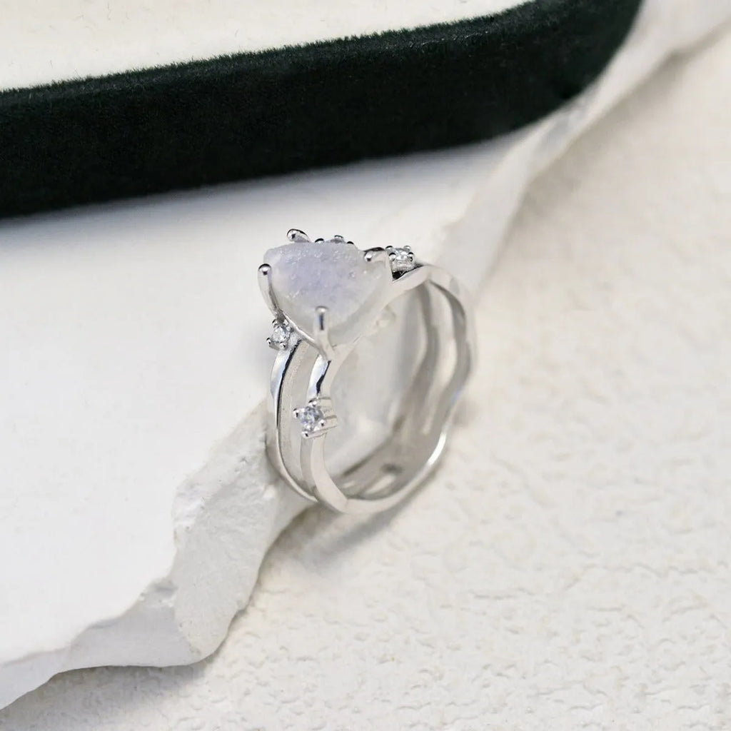 S925 sterling silver irregular triangle moonstone ring in rose gold, white gold, or yellow gold colour plating.