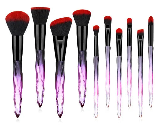 10 crystal handle foundation brushes with artificial fibre bristles in black blue red yellow colours