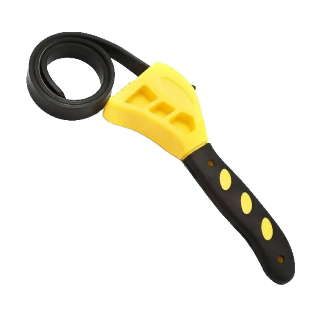 A 6-inch and an 8-inch adjustable rubber strap wrench with plastic handles on a workbench.