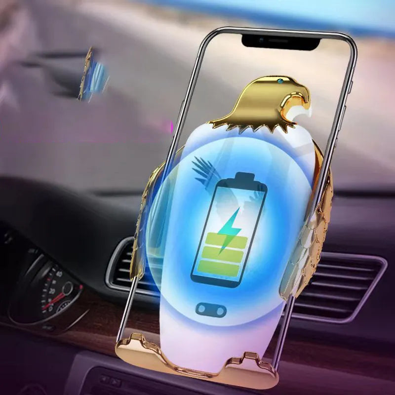 Black and gold wireless charging car phone holder with suction cup mount on a car dashboard.