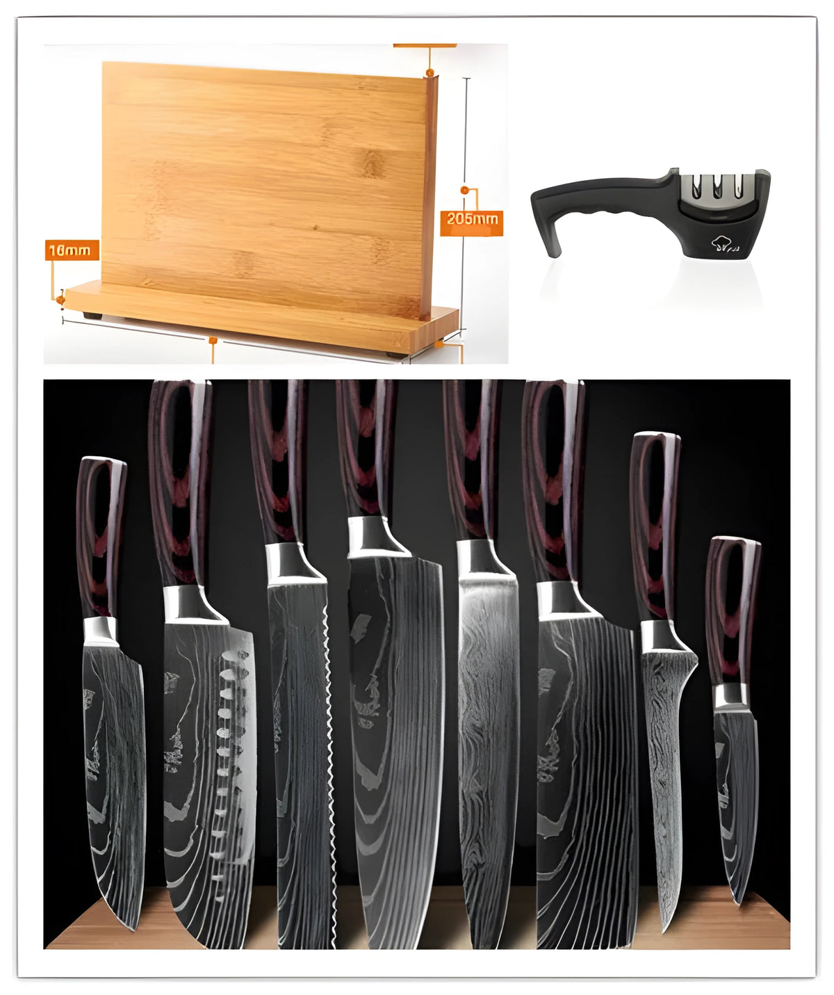 Eight-piece kitchen knives set with chef knife, bread knife, Japanese knives, and a separate Damascus steel cleaver on a wooden surface.