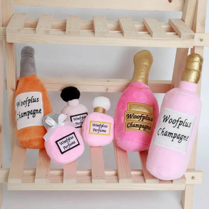 Plush wine bottle pet toy in multiple colours for cats and dogs