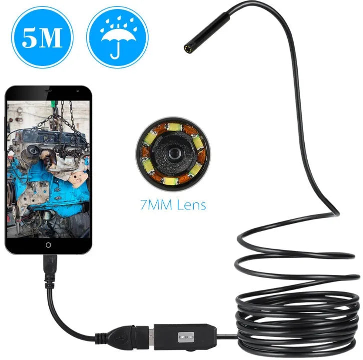 OWSOO USB endoscope with 5m cable, 7mm camera, LED lights, hook, and magnet for phone inspections.
