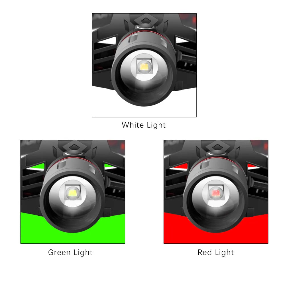 T6 LED zoom headlamp showing white, green, and red light modes on a head strap
