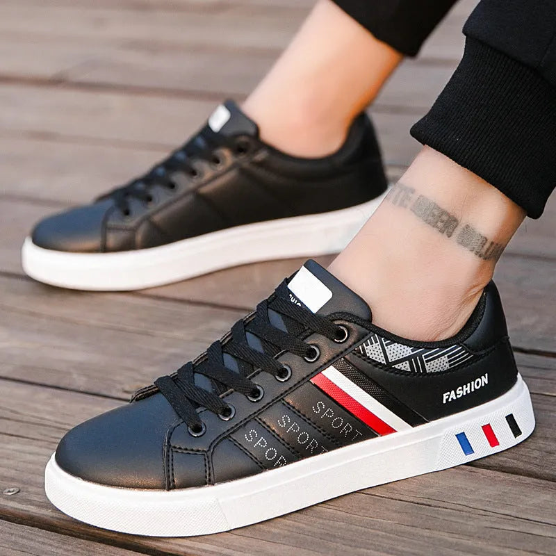 Men's sports shoes in black, also available in grey and white, showing EU size labels.