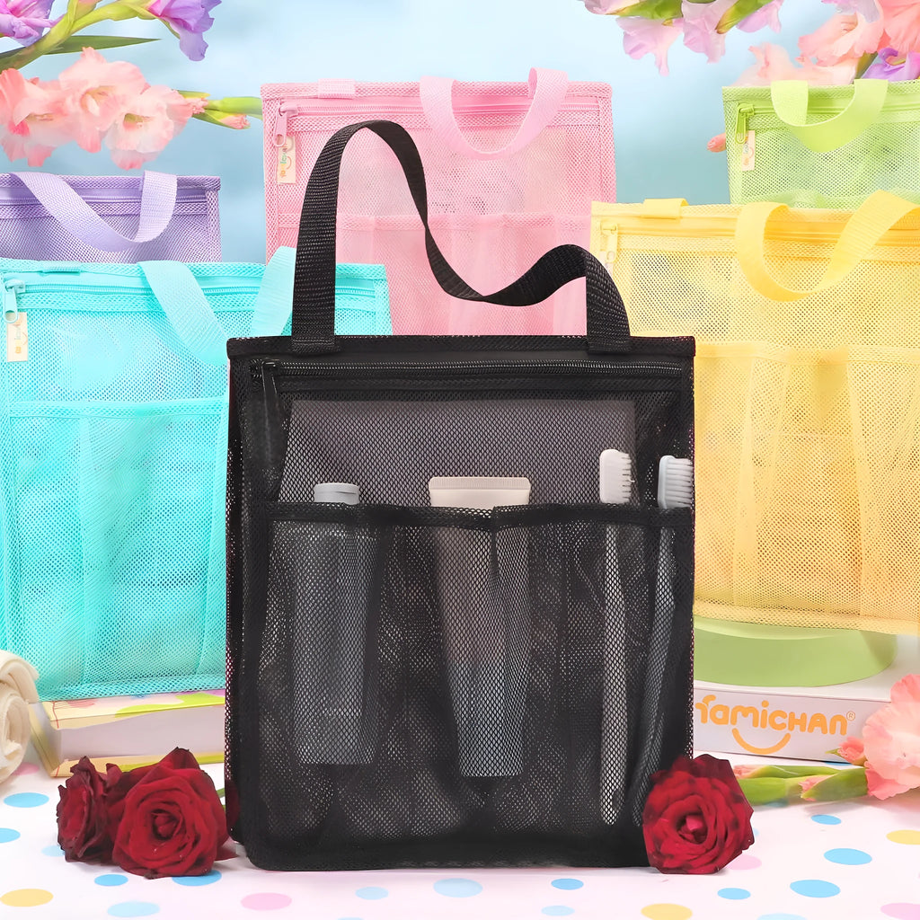 Large black and pink swimming gym bag with a mesh pocket and wet dry separation pouch.