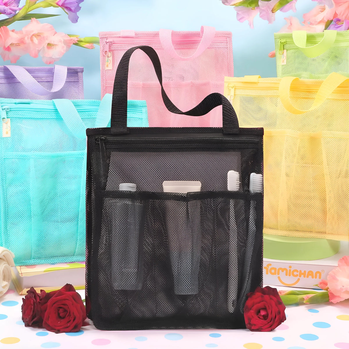 Large black and pink swimming gym bag with a mesh pocket and wet dry separation pouch.