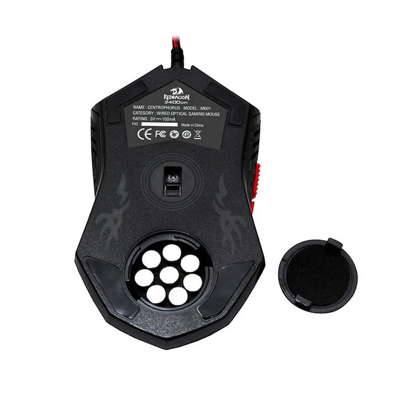 Black and red wired USB optical gaming mouse with six buttons on a desk