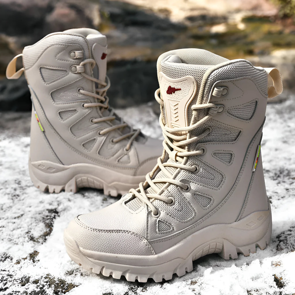 Cowhide leather hi-top hiking shoes in beige, black, and brown colour options with platform sole design