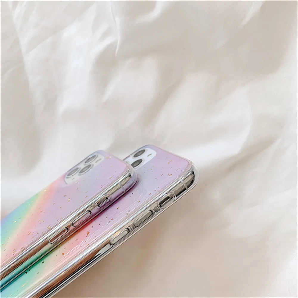 Rainbow gradient striped TPU phone case for iPhone models with Japanese-inspired design