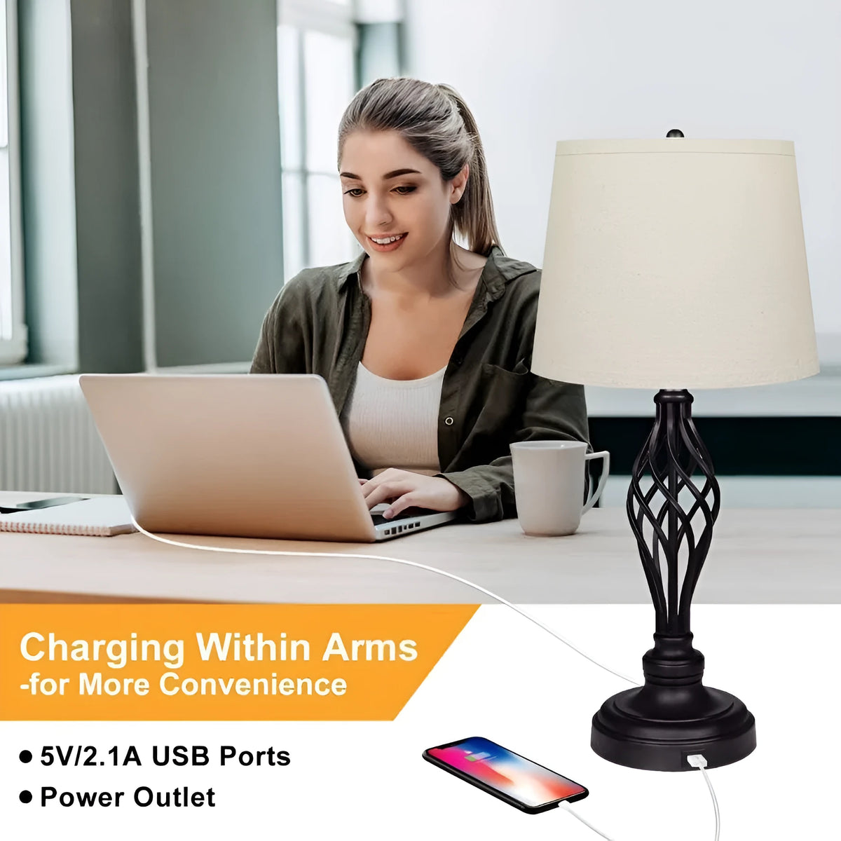 Silver alloy touch control bedside table lamp with USB charging port on base