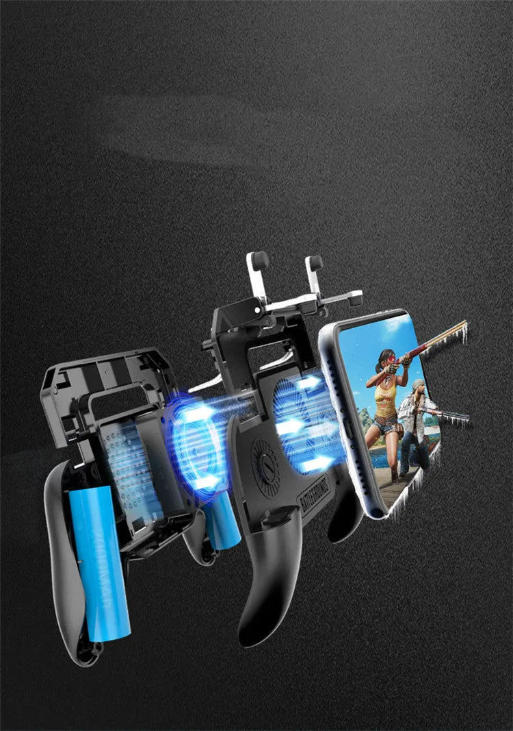 Black mobile game controller for smartphones with USB cable, shot button, and lens button.