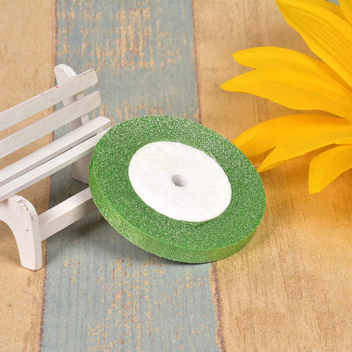 3 points polyester ribbon with colourful green onion pattern and metallic wire accents on 25-yard spool
