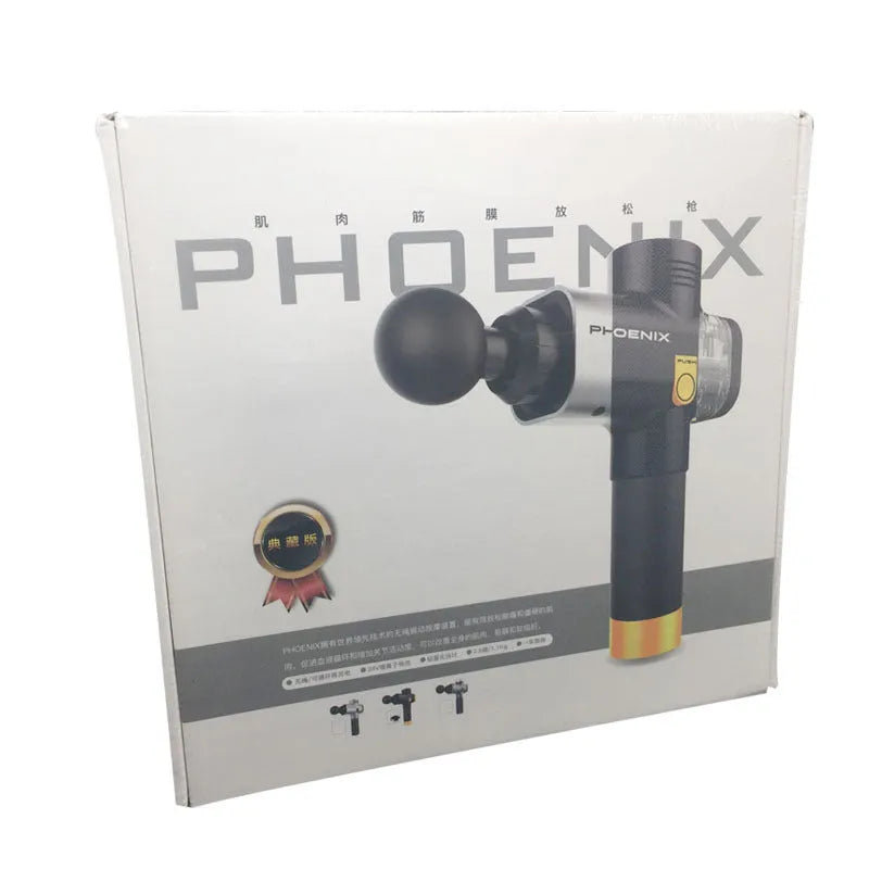 Black deep tissue fascia massage gun with four removable heads on a grey background